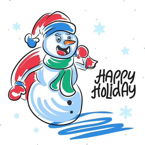 Happy Holidays Cute Card Cartoon Snowman On A White Background