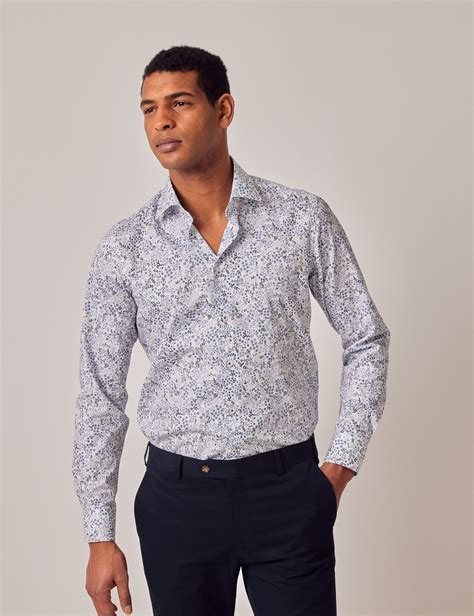 Men S Casual White Blue Ditsy Floral Cotton Stretch Shirt