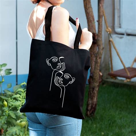 Drawing Girls Tote Bag For Women Black Color Cotton Canvas Etsy