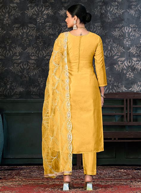 Shop Yellow Organza Gota And Foil Print Straight Pant Suit Festive Wear