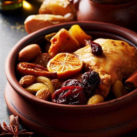 Tajine Marocain Traditionnel De Poulet Aux Fruits Secs Et épices Mise