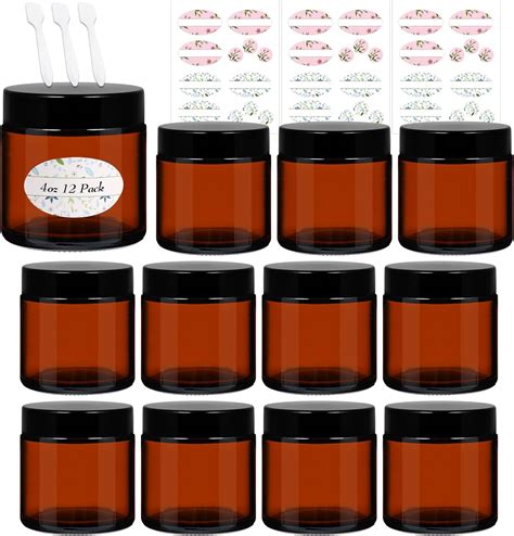 12 Pack 4 Oz Amber Round Glass Jars Mini Candle Jars With Black Lids And Inner Liners Empty