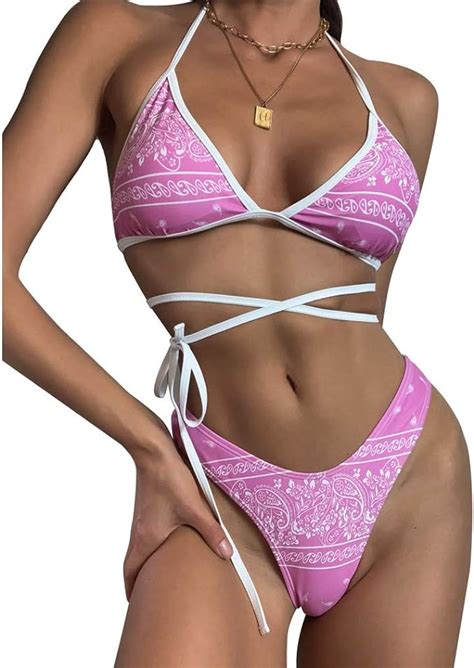 Timagebreze Female Sexy Split Swimsuit Printed Halter Lace Up Bikini