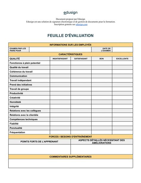 Grille d évaluation Modèle gratuit en format Word PDF Edusign