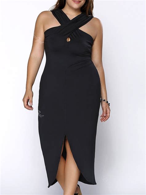 [28 Off] Plus Size Keyhole Neckline Slit Cross Bandage Dress Rosegal