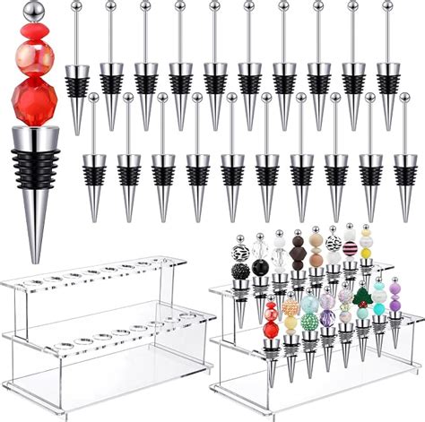 Menkxi 20 Pcs Beadable Wine Bottle Stoppers And 16 Slot Clear Acrylic 2 Tier Riser