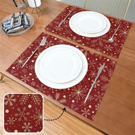 Lot De 6 Sets Table Noël En Forme Flocons Neige Sur Fond Rouge Foncé