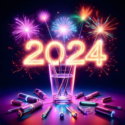 Premium Photo Happy New Year 2024 With Fireworks Luminous Cup Party Cup