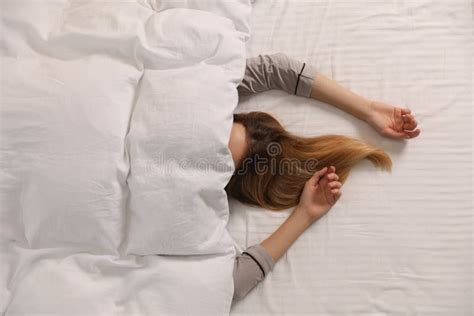 Woman Under Warm White Blanket In Bed Top View Stock Image Image Of