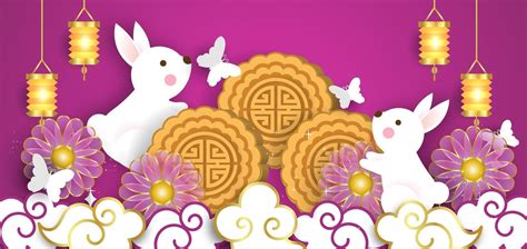 Mid Autumn Festival Banner With Cute Rabbits In Paper Cut Style