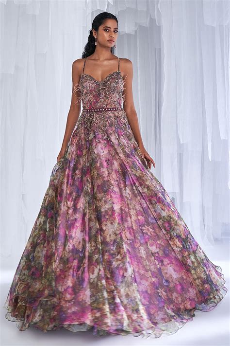 Buy Multi Color Organza Print Arlette Vintage Floral Gown With Belt For