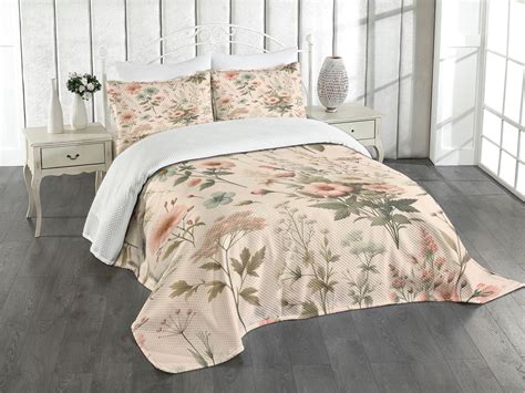 Ambesonne Floral Quilted Bedspread Set Pcs Classic Cottagecore Leafy