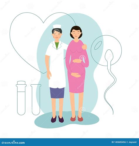 Pregnant And Doctor Female Obstetrician In Medical Coat Standing Next