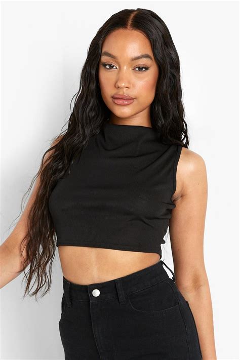 Womens Black Basic Slash Neck Rib Crop Top Boohoo Uk