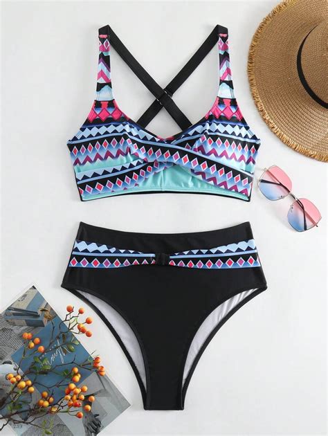 SHEIN Swim Vcay Impressão Geográfica Cruzado Cintura Alta Maiô Bikini