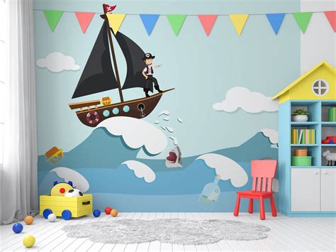 Cartoon Wallpaper With Pirate Ship on Sea for Kids, Self Adhesive, Peel ...