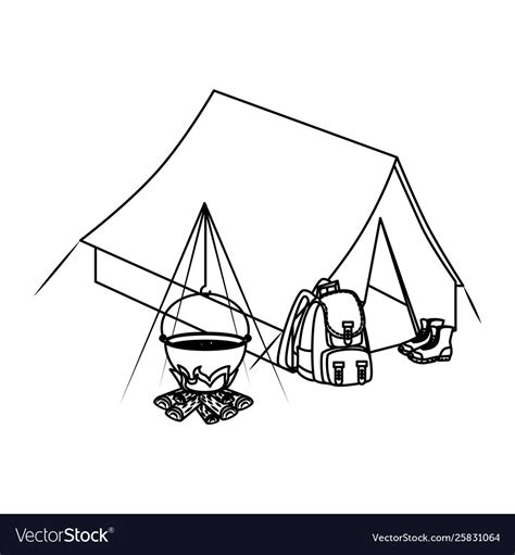 Tent Camping With Wood Fire And Travelbag Vector Image