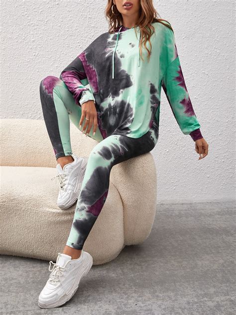 SHEIN Essnce Leggings con capucha de tie dye de hombros caídos con