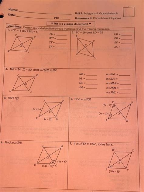 Properties Of Rhombi And Squares Assignment