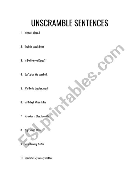 Sentence Unscramble Esl Worksheet By Zaripari91