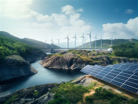 Paysage Avec Des Panneaux Solaires Des éoliennes Un Barrage