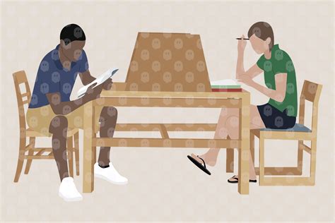 Archade Two People Sitting And Studying In A Library Vector Drawings