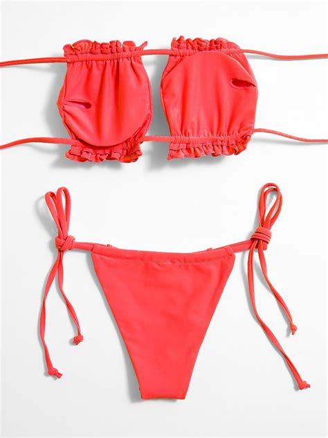 Emmiol Free Shipping 2024 Smocked Bandeau Bikini Set Red M In Bikini