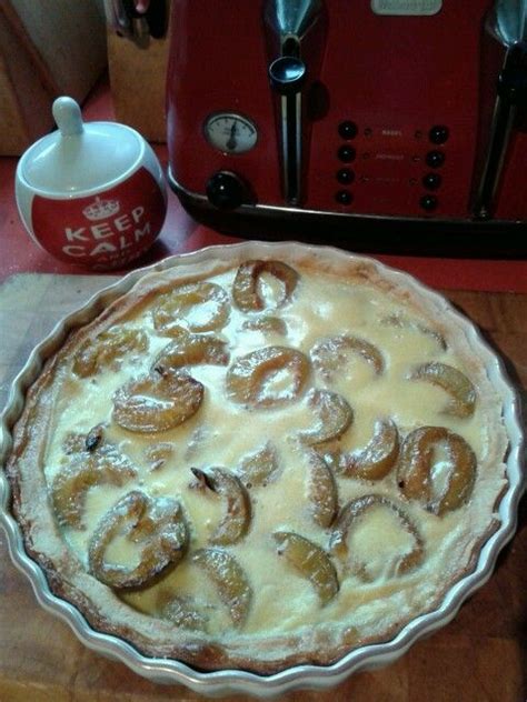 Greengage and vanilla tart. Freshly baked and in season. http://www.bbcgoodfood.com/recipes/7667 ...