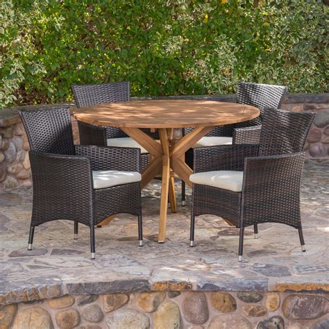 Outdoor 5 Piece Wicker Dining Set With Circular Acacia Wood Dining