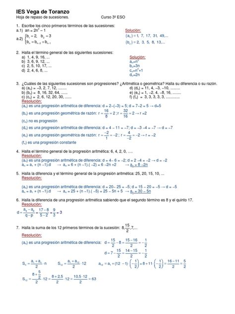 Hoja De Actividades De Sucesiones Resueltas 3º Eso Pdf Conceptos