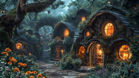 Enchanted Forest Village With Glowing Windows In Cozy Treehouse Homes