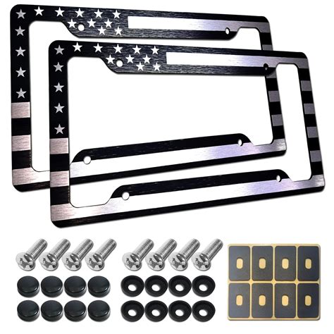 Veteran Decorative Patriotic Aluminum Car License Plate Frames 2 Pack Black American Flag