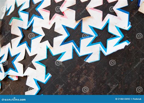 Red White And Blue Glitter Stars Background With Banner Stock Photo