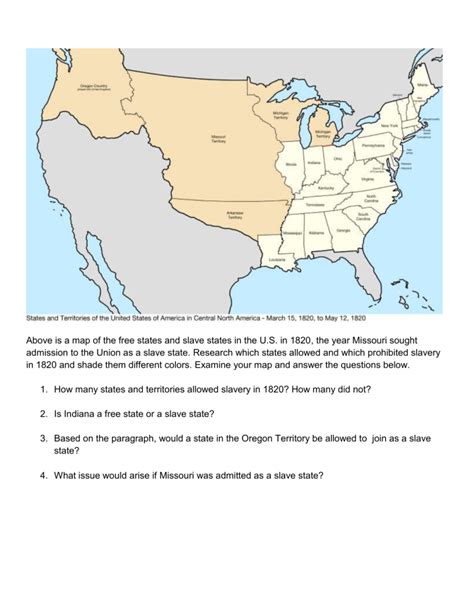 1820 US Map: Free vs. Slave States Worksheet