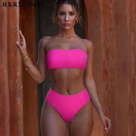 Rxrxcoco Bandeau Swimwear Women High Waist Bikini Set Push Up