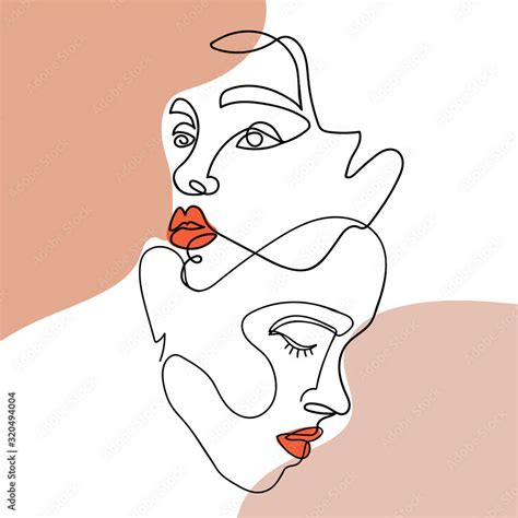 Trendy Abstract One Line Woman Faces With Pastel Shapes Concept Of