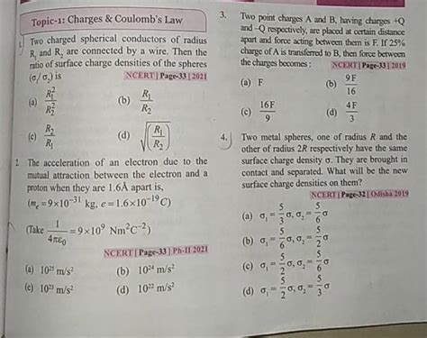 B Two Charged Spherical Conductors Of Radius Apart And Force Acting Betw