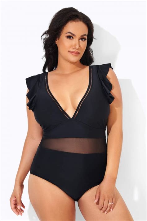 Black Ruffle Plunge V Neck One Piece Swimsuit Meet Curve Meet Curve