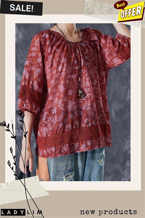 Women Dull Red Print Patchwork Hollow Out Linen Shirt Top Half Sleeve