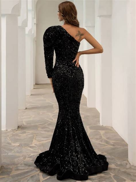 Missord One Shoulder Cut Out Mermaid Hem Sequin Prom Dress Shein Usa