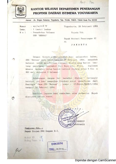 Surat Dari Kepala Kantor Wilayah Departemen Peneragan Daerah Istimewa