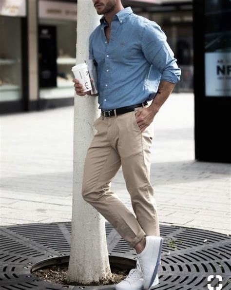 Beige Chino Light Blue Shirt Blue Shirt Outfit Men Chinos Men