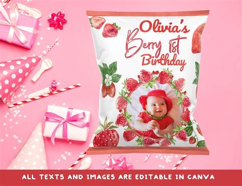 Berry First Birthday Strawberry Chip Bag Template Sweet Celebration