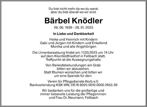 Traueranzeigen Von B Rbel Kn Dler Stuttgart Gedenkt De