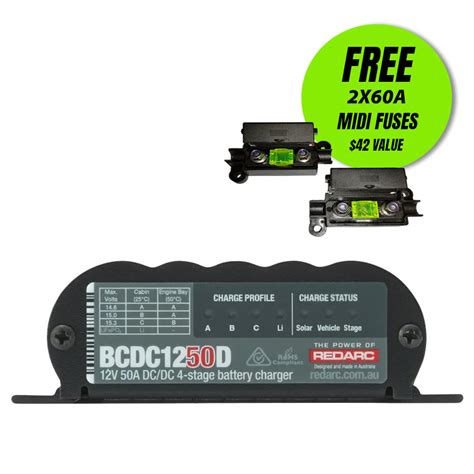 Redarc 12v 50a Dual Input Under Bonnet Dc Charger Free 2x 60a Midi Holder 4x4 Offroad