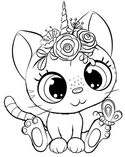 Coloriage Chat Licorne et Papillon télécharger et imprimer gratuit