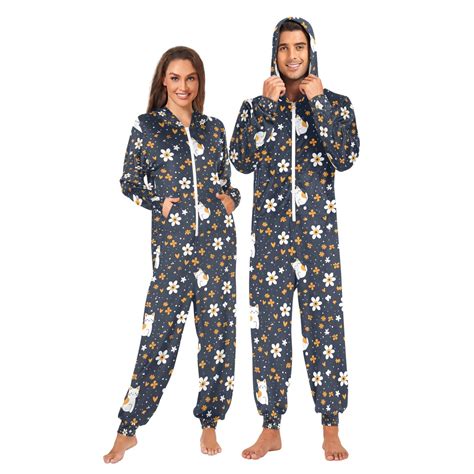 Adult Onesie Cartoon Cat and Flower Zipper One-Piece Pajamas Unisex