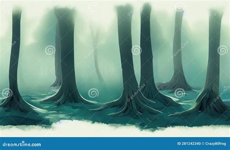 Abstract Cartoon Style Illustration Of Misty Foggy Forest Created With