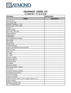 Fillable Online Cement Plaster Equipment Order List The Raymond Group