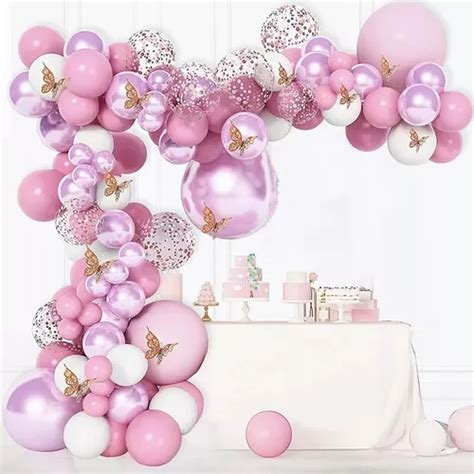 Decoración Con Kit Guirnalda Arco Globo Mariposa Fiesta Rosa Meses